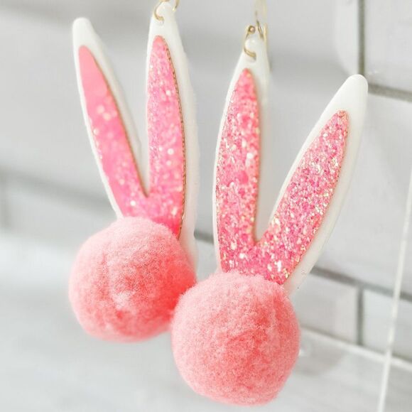 Pink Glitter Pom Pom Bunny Ear Earrings - Picture 3 of 11